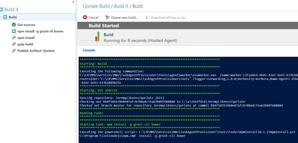 The build will queue and a console window will appear providing you step-by-step output from the build