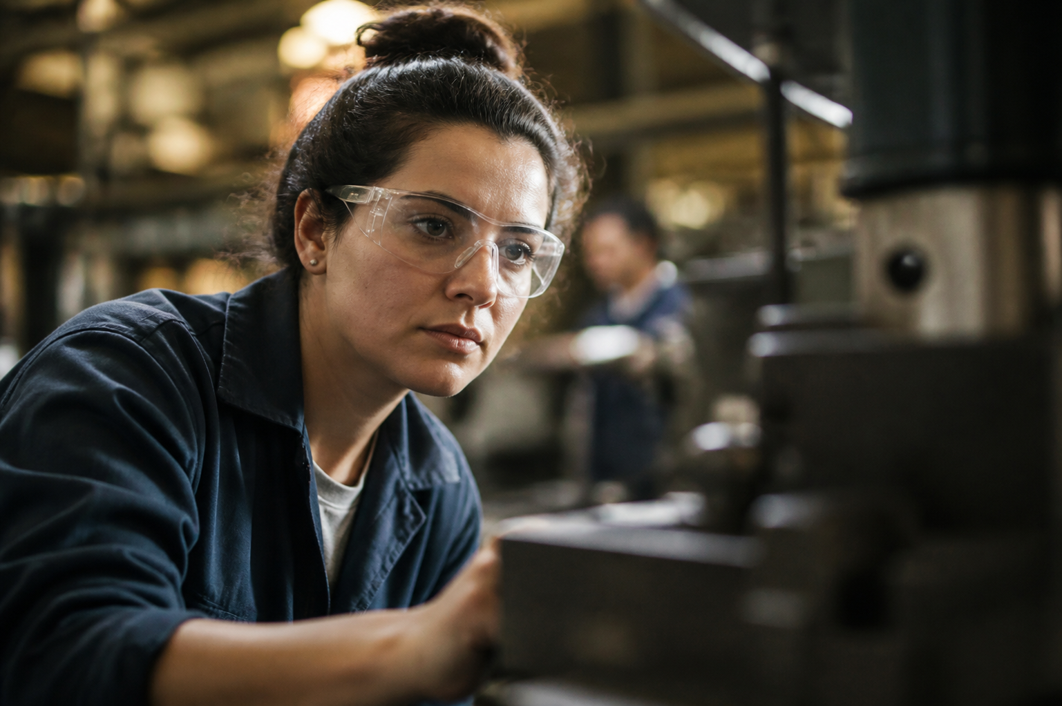 Woman in Manufacturing Site CloseUp Blur