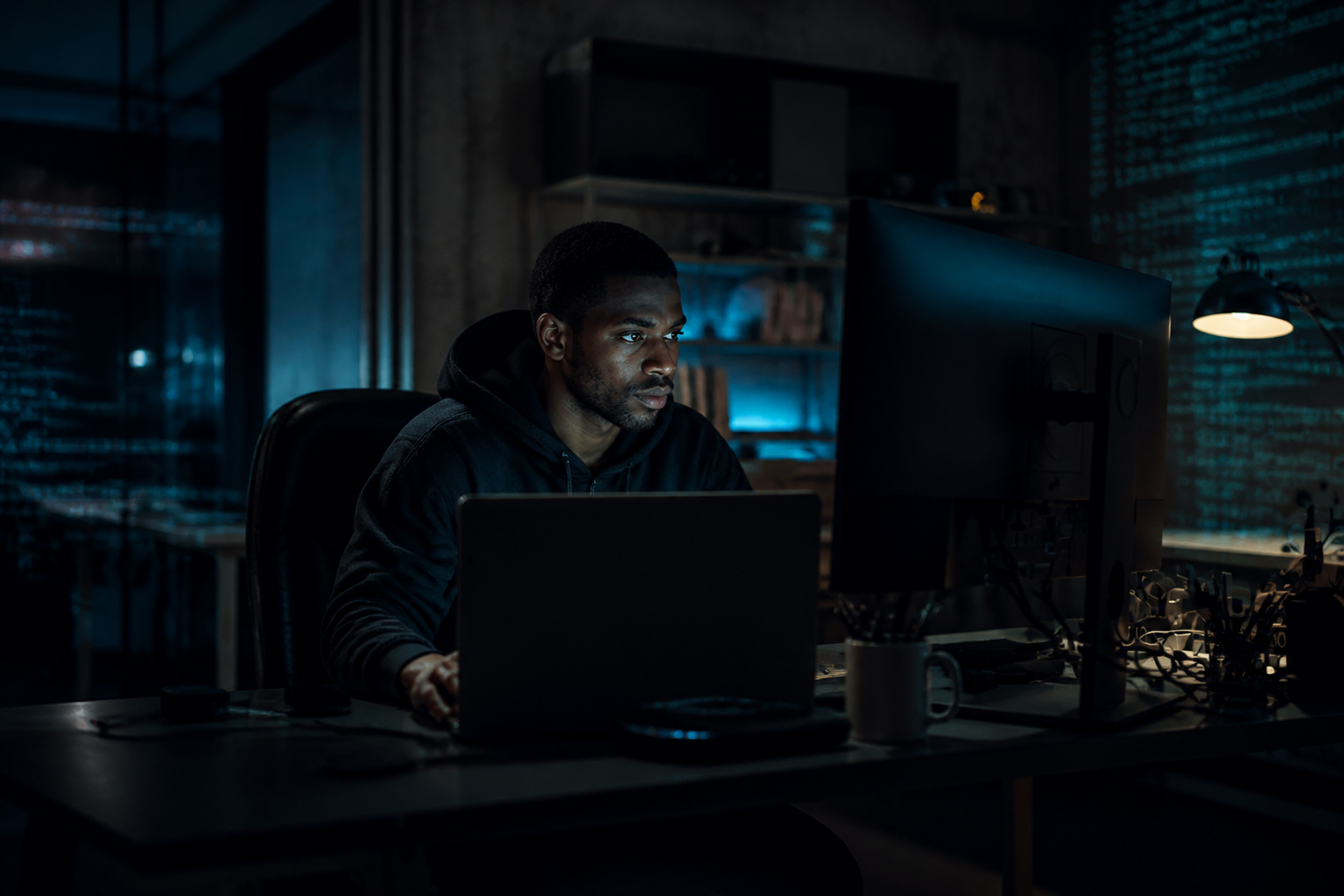 Hacker in Cyberpunk Cityscape