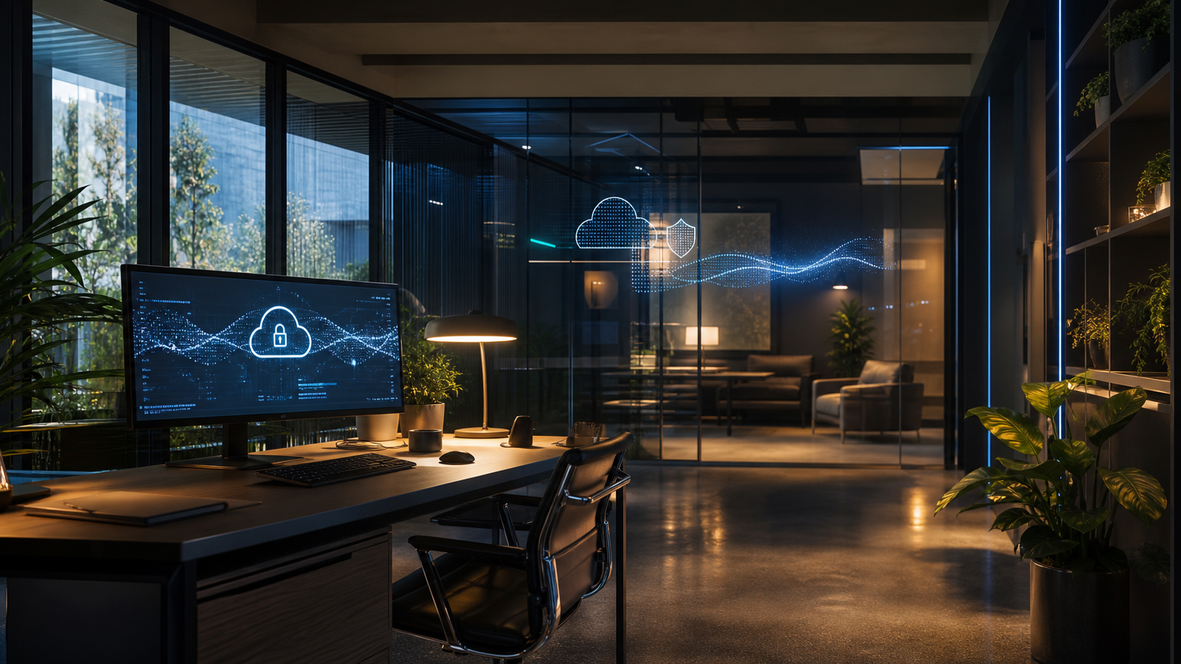 Modern Office with Futuristic Tech and Green Accents