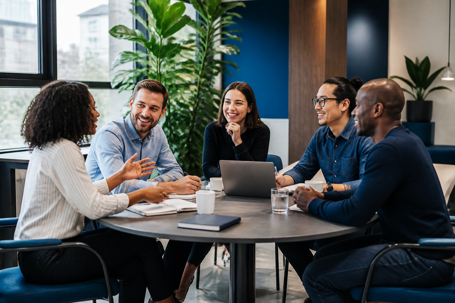 Office Meeting with Blue and Green Plants