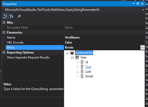 New Database Table in Query String Parameter Properties Visual Studio